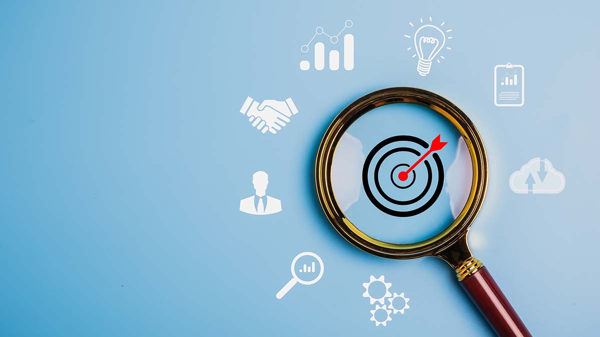 Magnifier glass focus to target dartboard, Business development strategy and action plan concept with icon business strategy and Action plan, search, goal, strategy, success