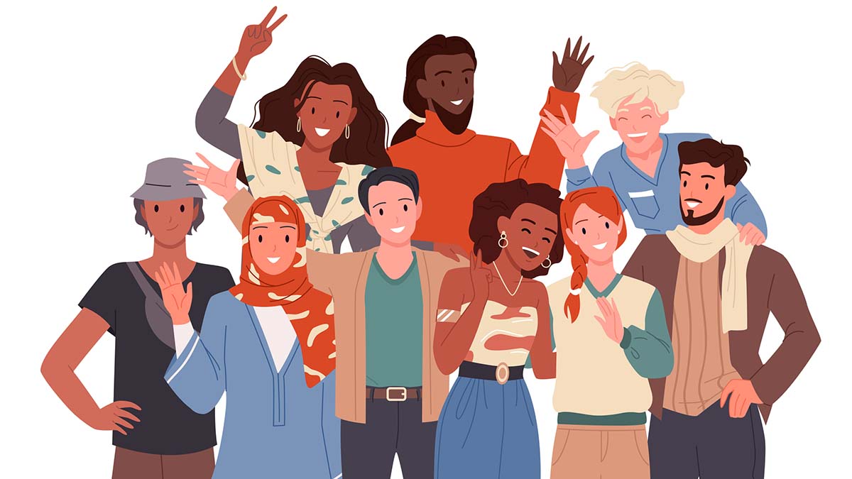Multicultural and multiethnic team of happy people colleagues standing together vector illustration. Cartoon portrait of group with male and female partners say hello, smile and wave isolated on white