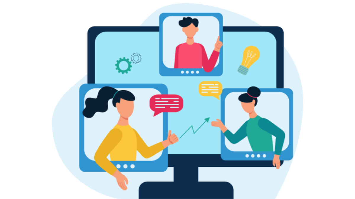 Concept of an online meeting, communication. People discuss work issues and ideas online.