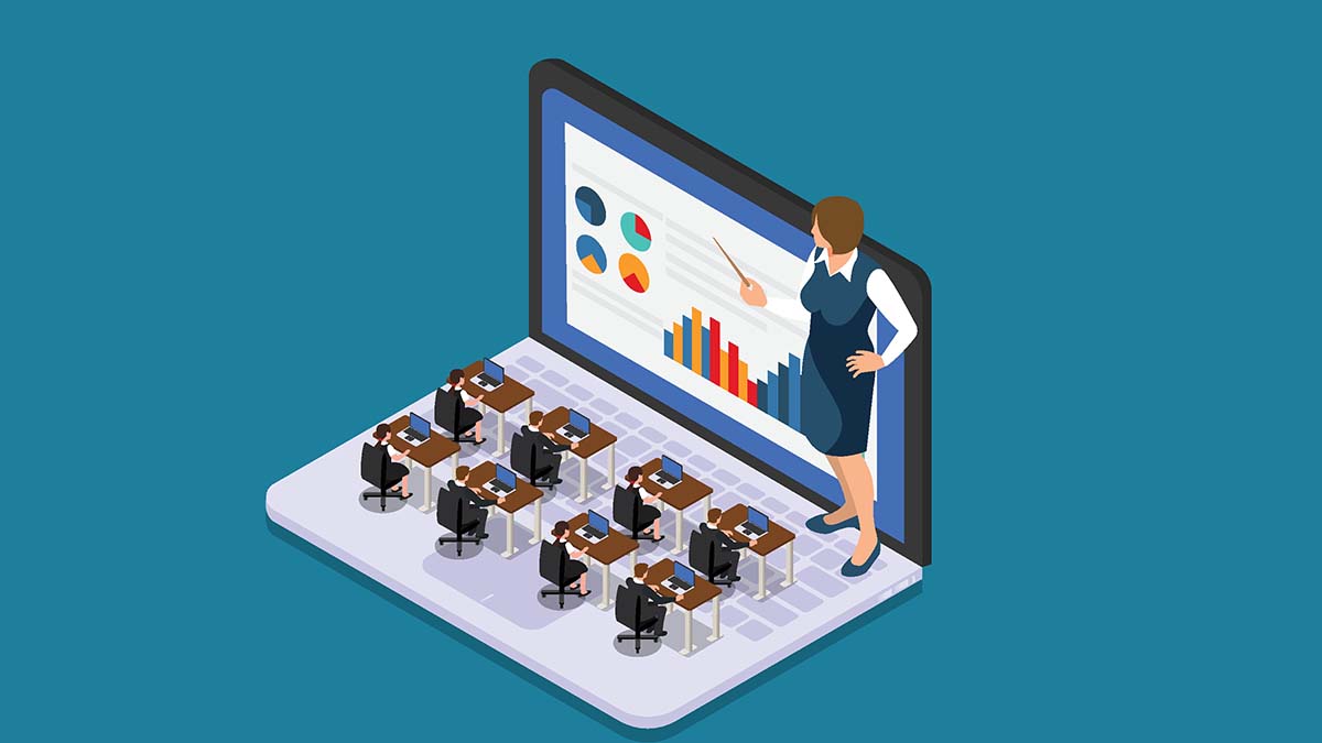 Online Education and Corporate Training Concept with Teacher and Students on Laptop 3d isometric vector illustration