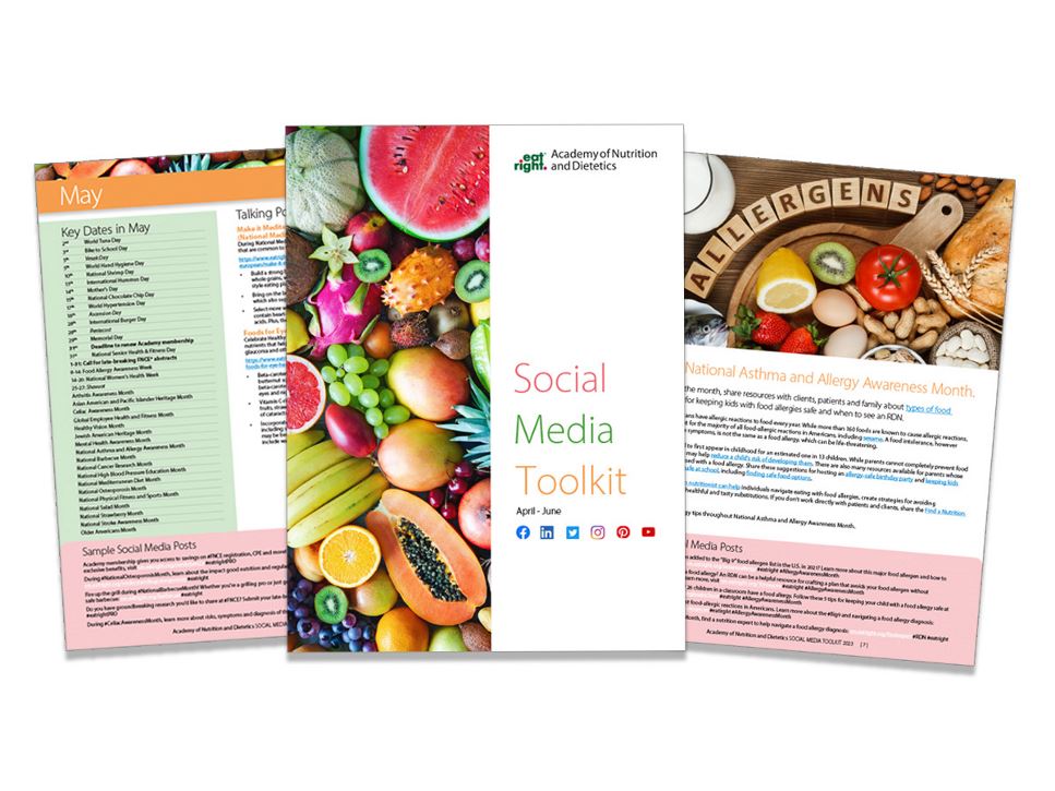 Three pages from the social media toolkit showing key dates and sample posts