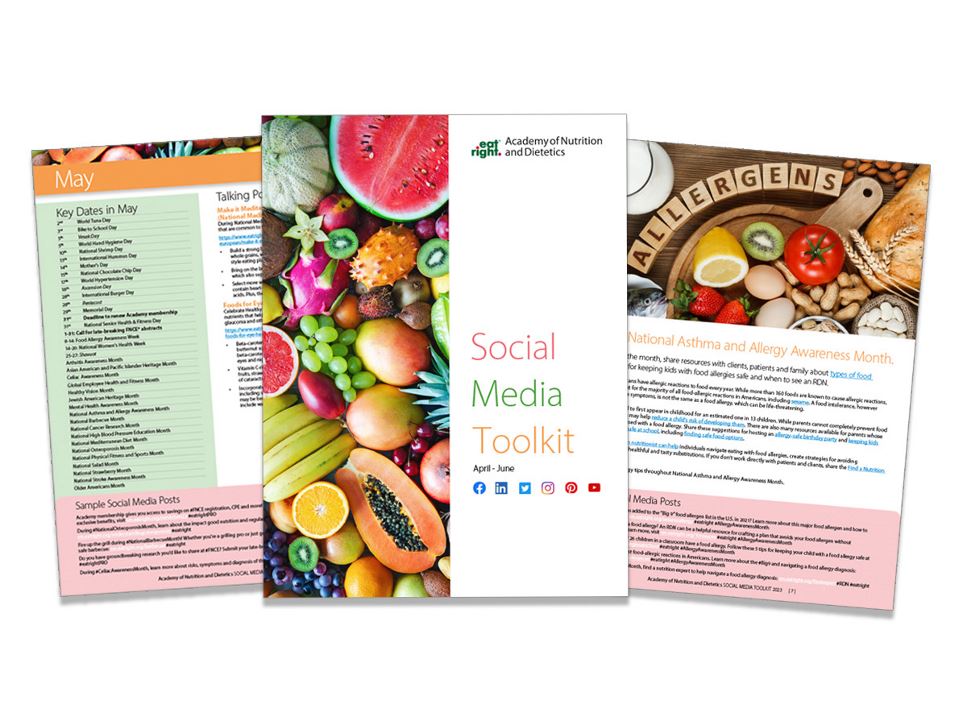 Three pages from the social media toolkit showing key dates and sample posts