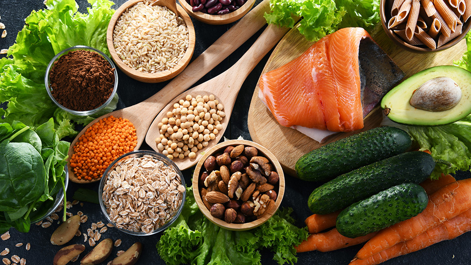 an array of healthful foods representing rotein, carbohydrate, dietary fiber and fat