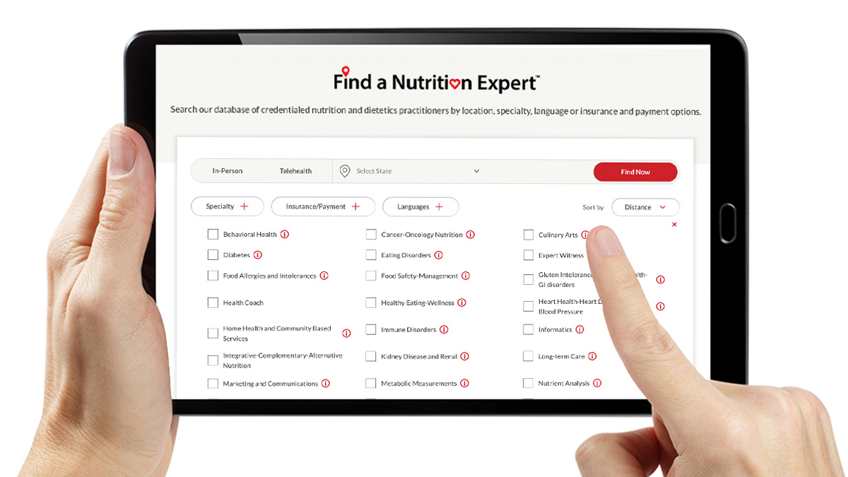 Photo of someone scrolling the Find a Nutrition Expert directory on a mobile device