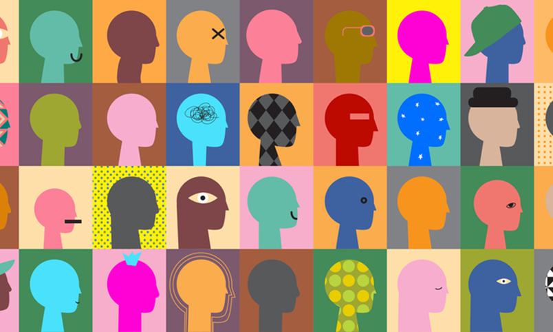 crowd of abstract faces of every color in the rainbow