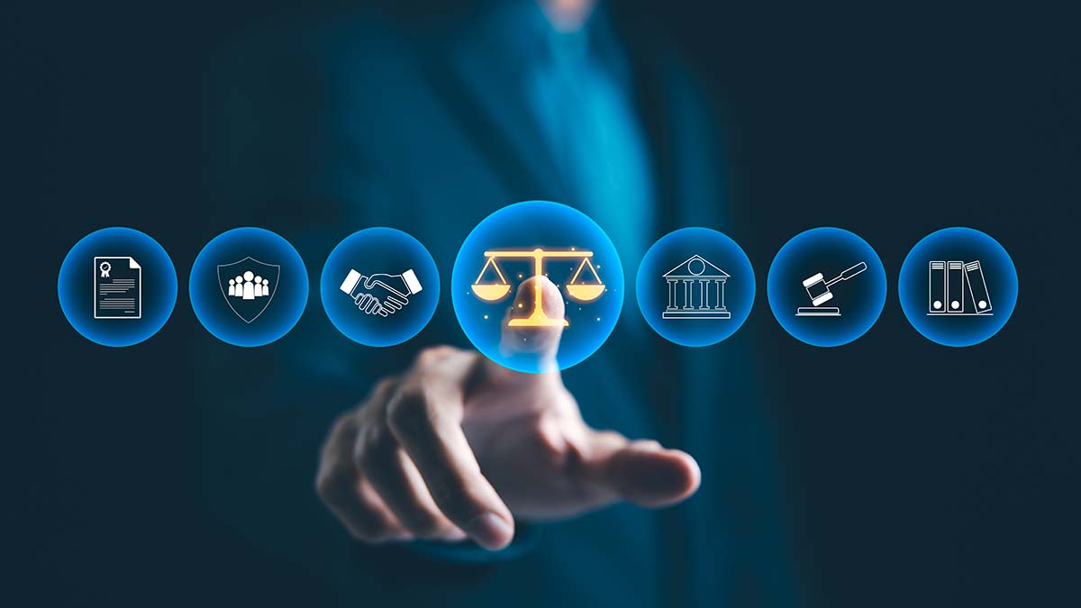 Practice Tools | Legal Professional with Justice Icons. A suited legal professional touches virtual icons symbolizing law, justice, and legal services. business legislation, Notary public, legal advice online, Lawyer,