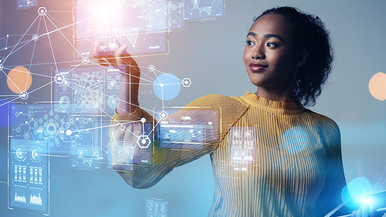 dietitian reaching out to digital graphics symbolizing technology and connectivity