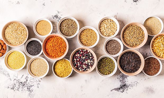 An assortment of grains, nuts and legumes, which research has indicated are high-nickel food sources, a consideration for people with a nickel allergy.