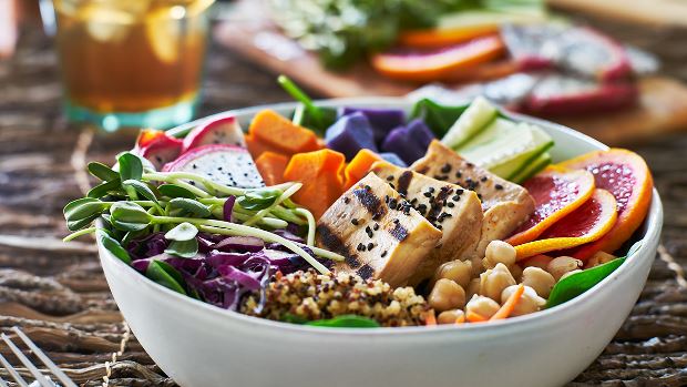 Vegetarian meal for lunch with tofu and vegetables.