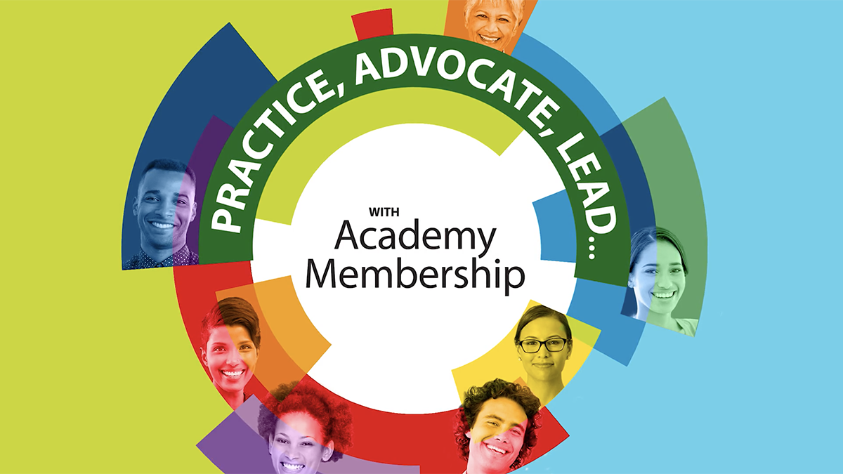 Colorful decorative graphic with words "practice, advocate, lead."