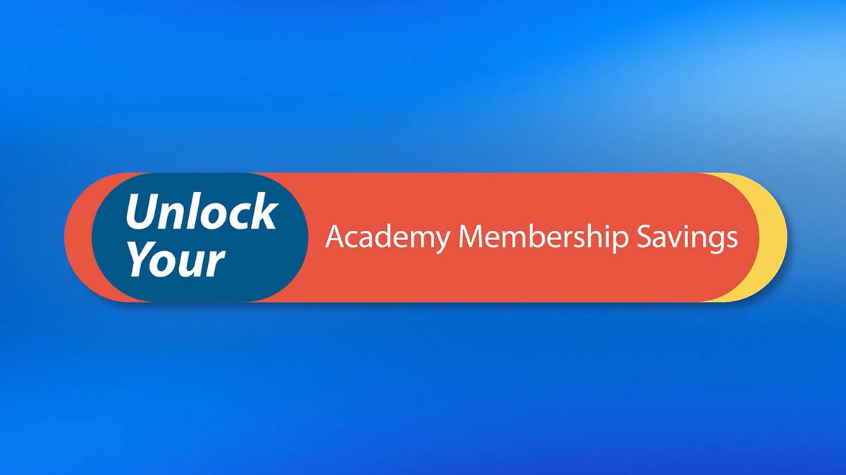 Decorative graphic that reads "unlock your Academy membership savings"