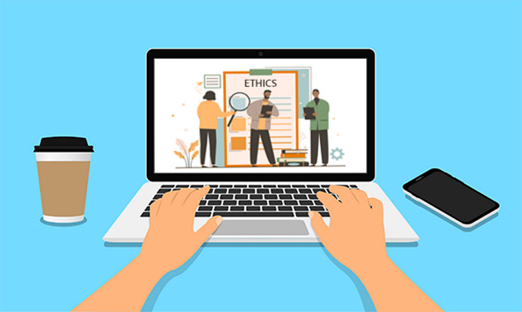 hands on a laptop keyboard reading code of ethics resources